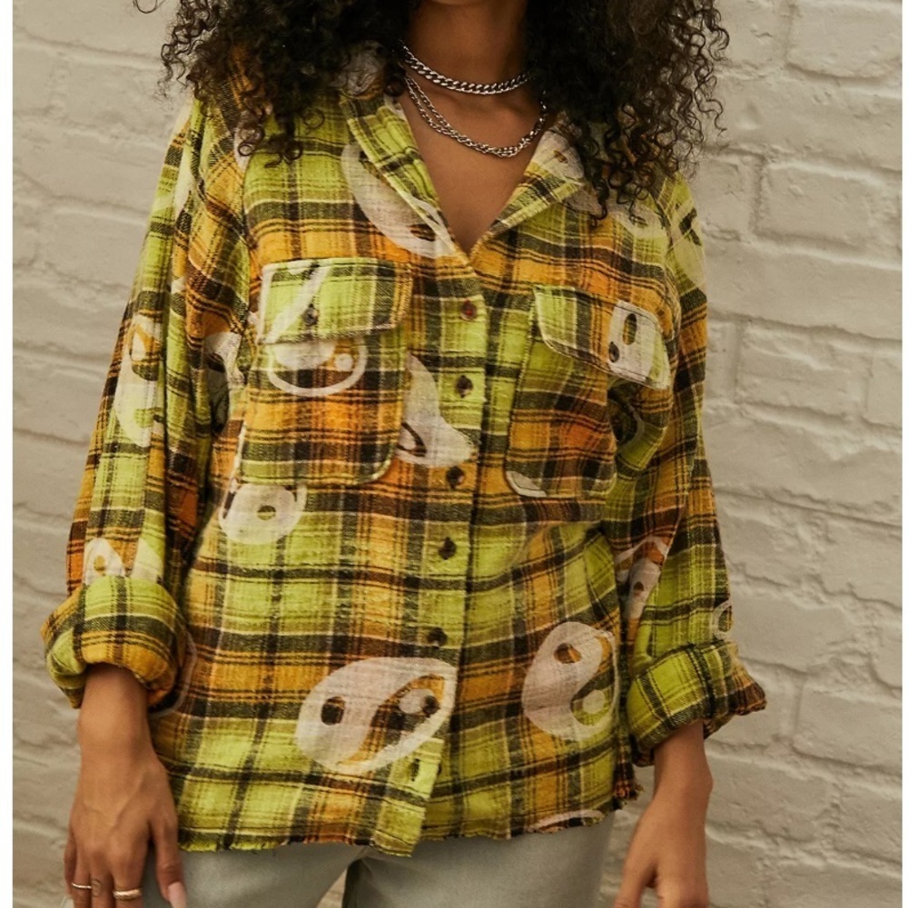 UO BDG Brody Check Flannel Shirt yin Yang raw hem indie grunge sleaze orange